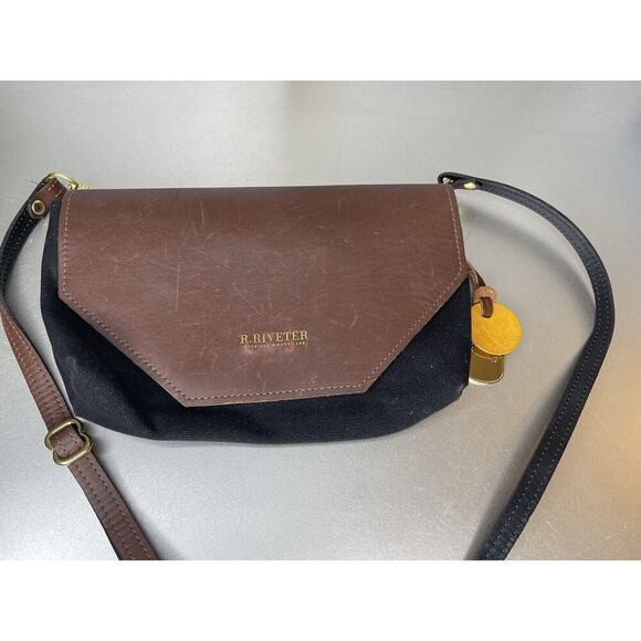 R Riveter Womens Handbag Purse Clutch Black Canvas Brown Leather Distressed - Picture 2 of 11